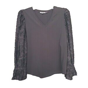 CHICO'S Black Burnout Chiffon Sleeve Knit V-Neck Top Size 1 Medium